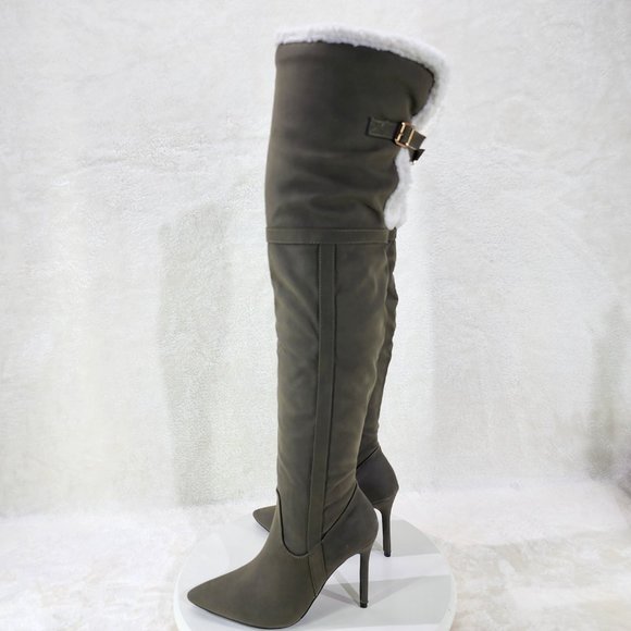 Olive Green Fluffy Fleece Lined  Fold Under / Over the Knee Pointy Toe Boots - Picture 2 of 13